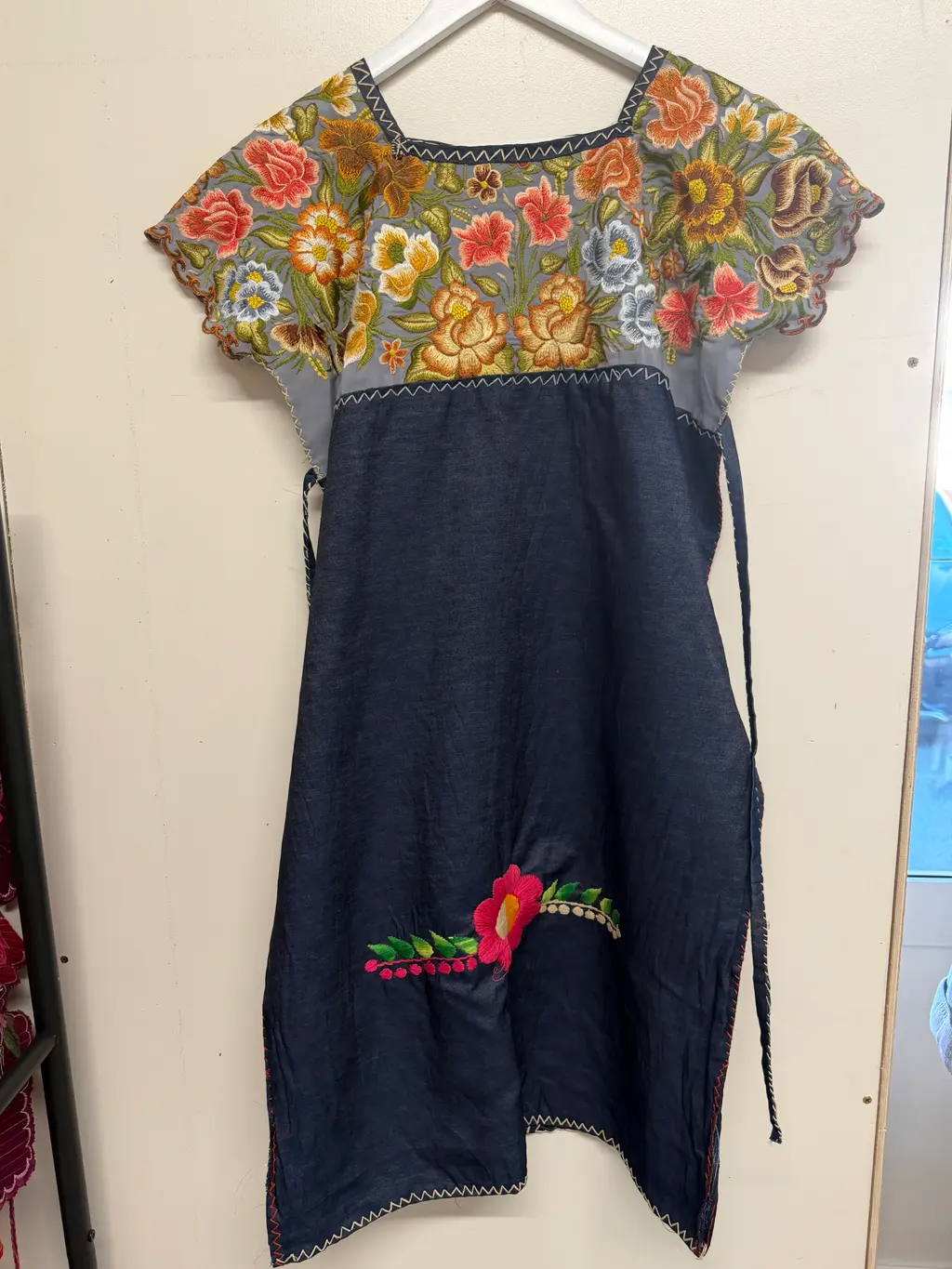 Handmade Mexican Embroidered Navy & Grey Floral Dress - Size: Small-Medium