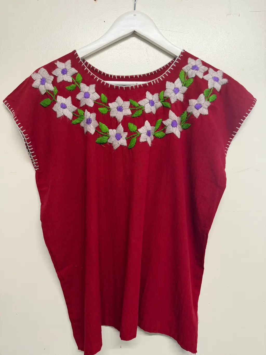 Handmade Mexican Embroidered Red Top with Lilac Floral Detail - Size: Small-Medium