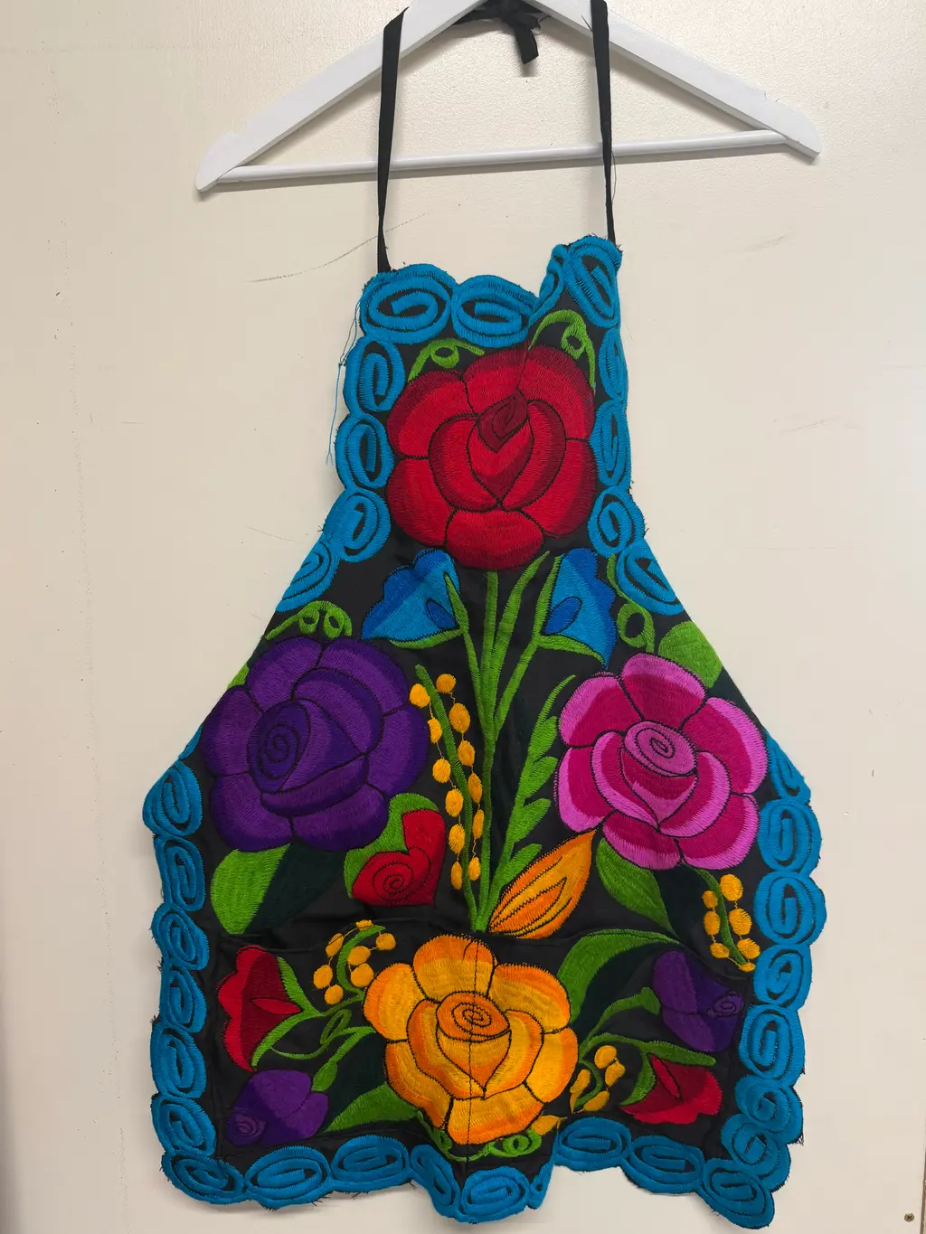 Handmade Mexican Embroidered Aqua Floral Apron
