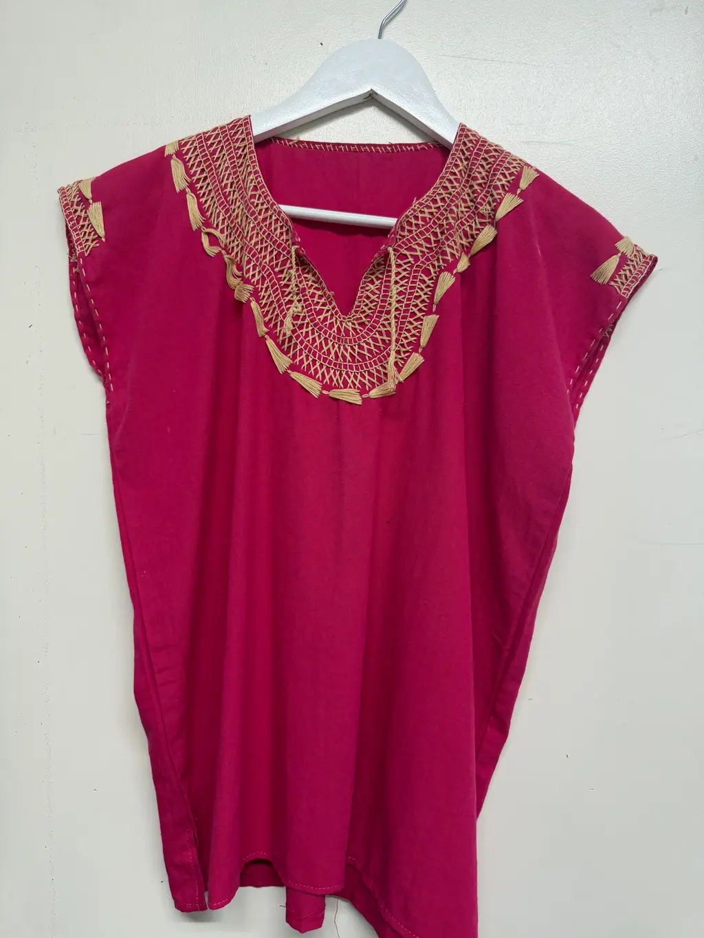 Handmade Mexican Embroidered Magenta Top with Tan Detailing - Size: Small-Medium
