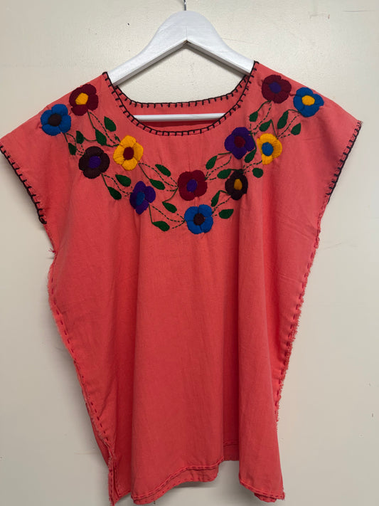 Handmade Mexican Embroidered Floral Coral Top - Size Small-Medium