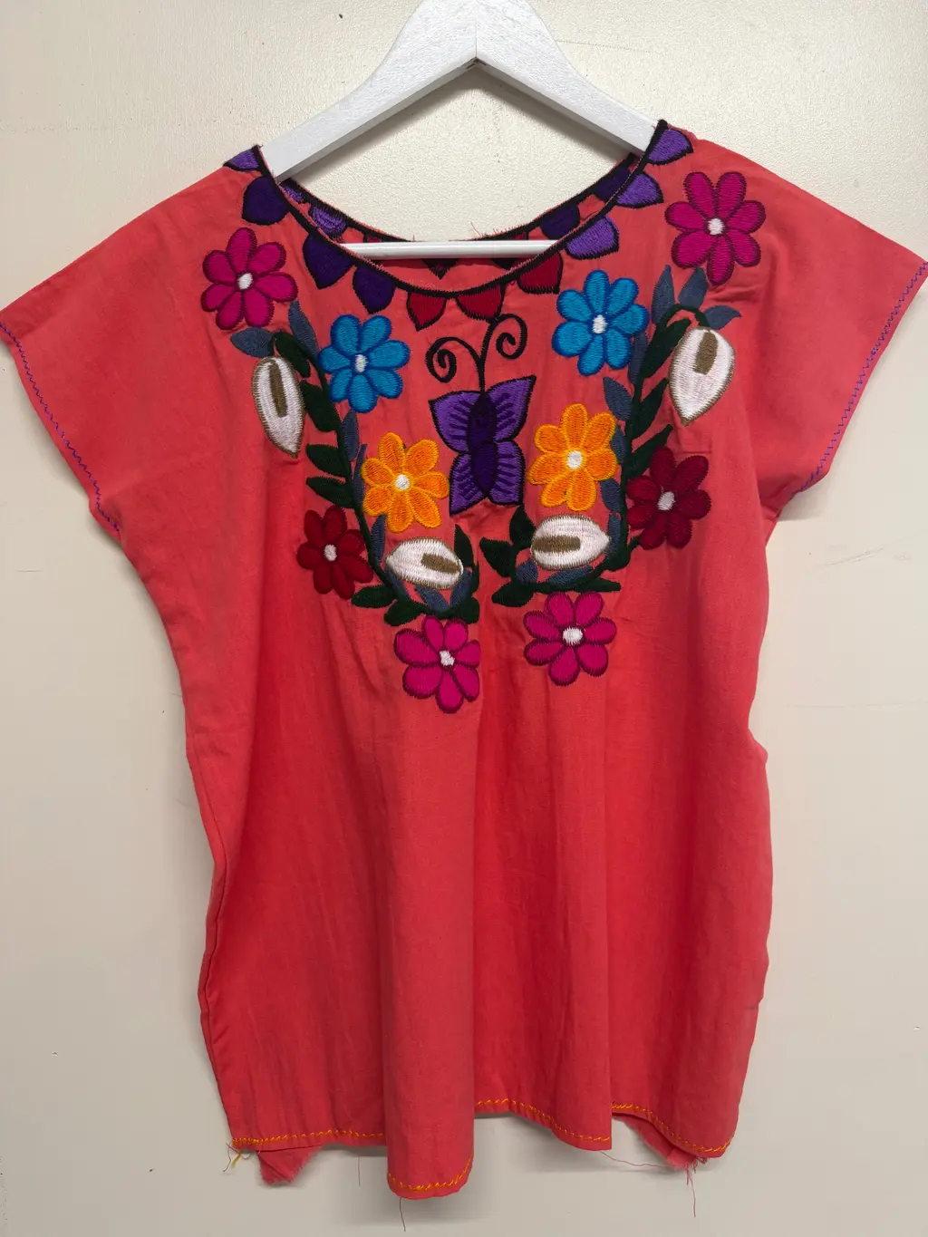 Handmade Mexican Embroidered Floral Coral Top with Butterfly Detail