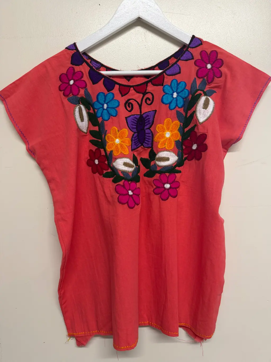 Handmade Mexican Embroidered Floral Coral Top with Butterfly Detail