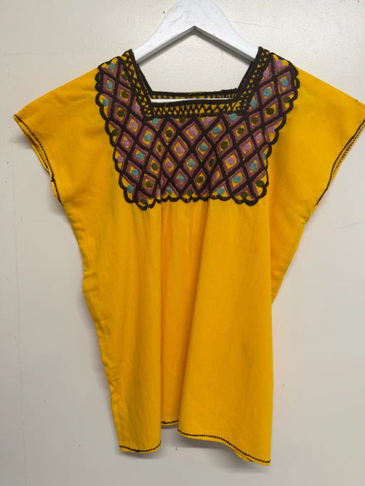 Handmade Mexican Embroidered Geometric Yellow Top - Small-Medium
