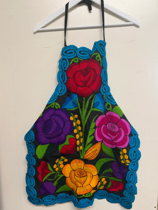 Handmade Mexican Embroidered Aqua Floral Apron