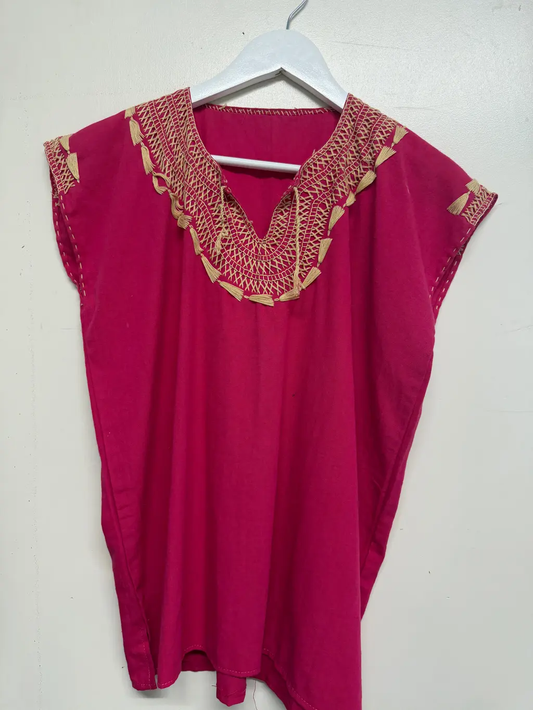Handmade Mexican Embroidered Magenta Top with Tan Detailing - Size: Small-Medium