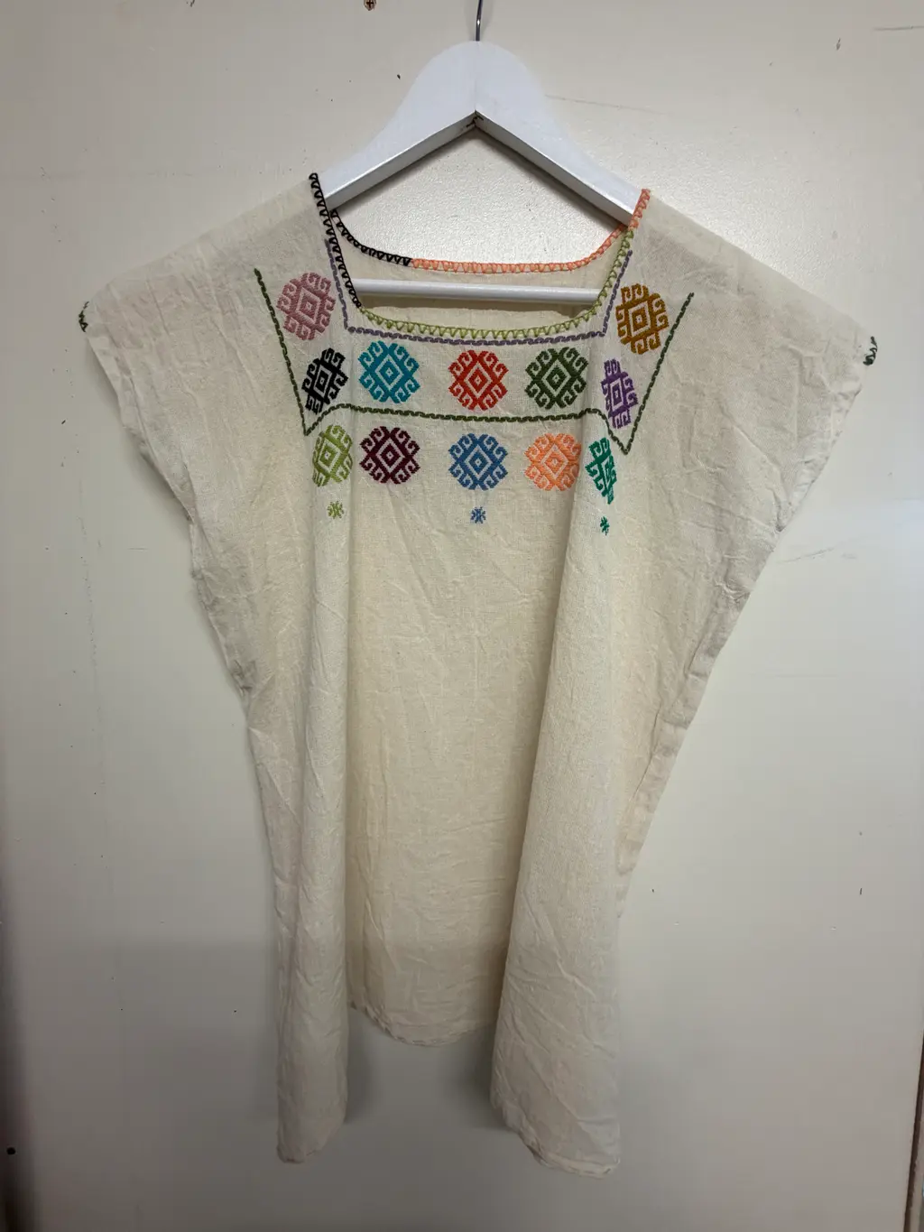 Handmade Mexican Embroidered Cream Top with Geometric Detailing - Size: Small-Medium