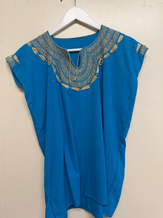 Handmade Mexican Embroidered Blue Top with Tan Detailing - Size: Small-Medium