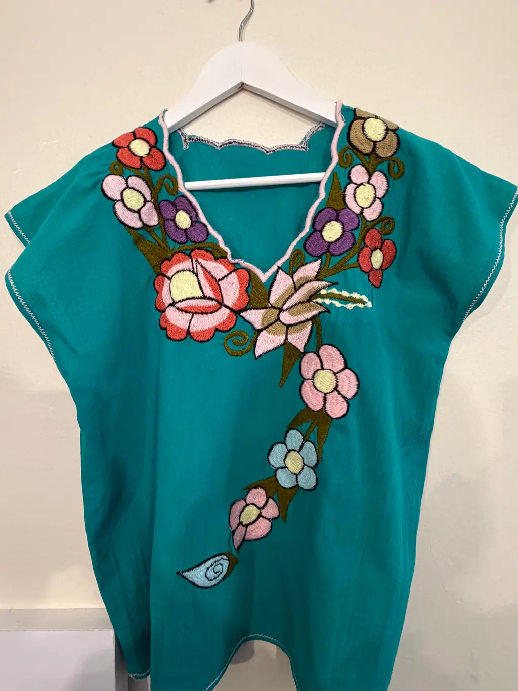Handmade Mexican Embroidered Floral Teal Top - Size Small-Medium