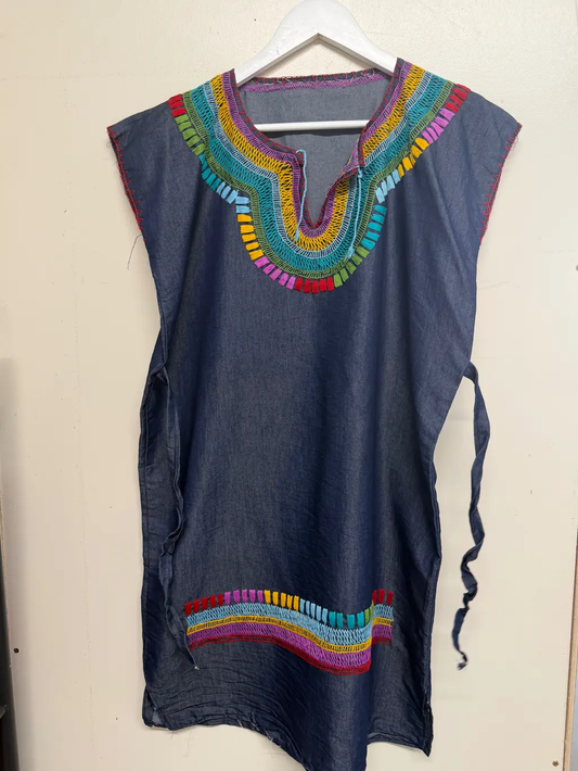 Handmade Mexican Embroidered Indigo Dress with Multicolour Detailing